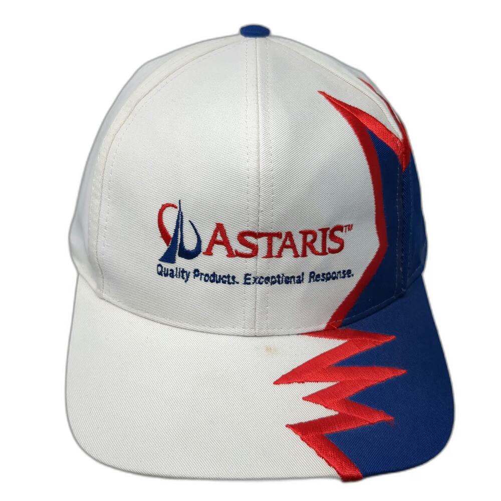 Kati Baseball Cap White Blue Red Astaris Logo Graphic Slideback Hat Sharktooth